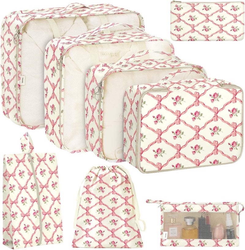 KPX 8 Set Packing Cubes for Travel, Luggage Packing Organizers Accessories Large Toiletries Bag for Clothes Shoes Cosmetics (8Set-Flower & Bow) - Image 1